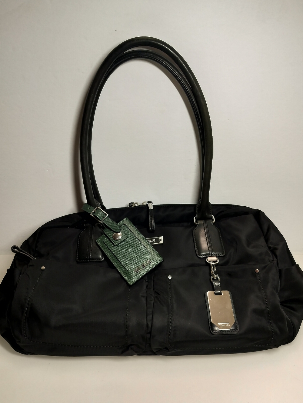 Tumi Black Nylon Tote with Green Luggage Tag